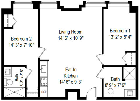 Floor plan for 2 beds, 2 baths, 652 sqft